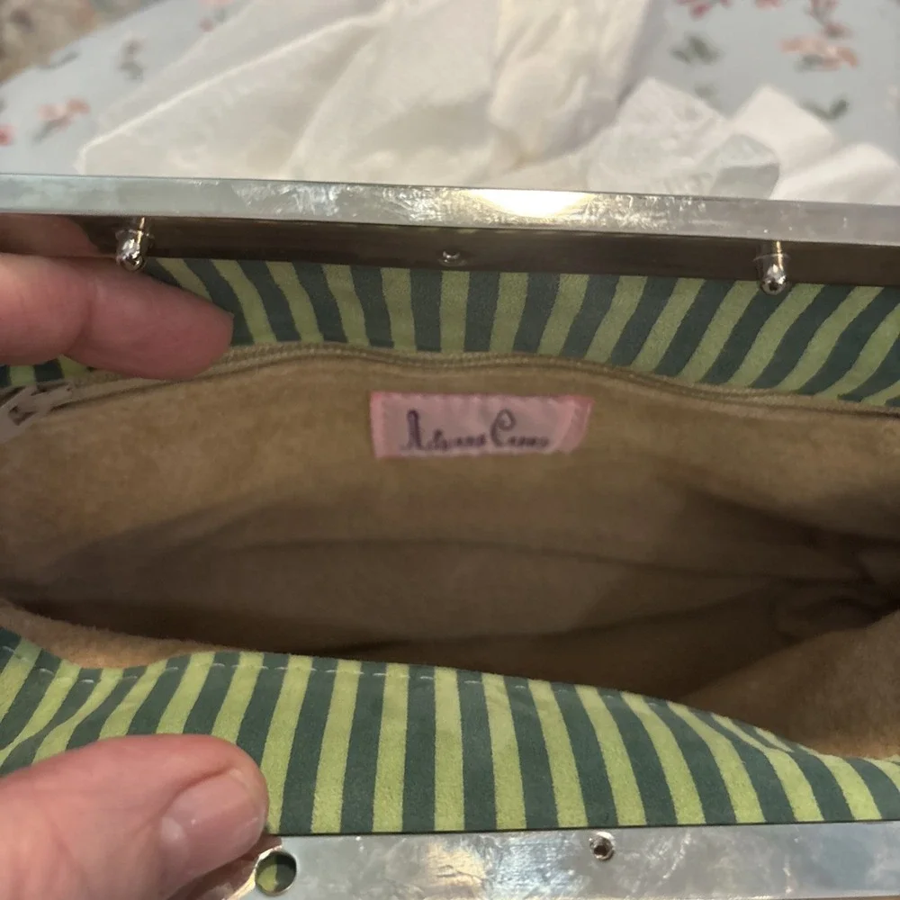 Adriana Cara's Green Striped Velvet Clutch Wristlet‎ Purse. Magnetic Closure.